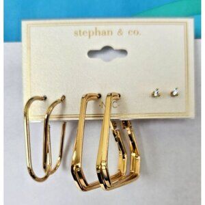Square & Oval Hoop Earrings & CZ Studs 3 Pr NEW Stephan & Co